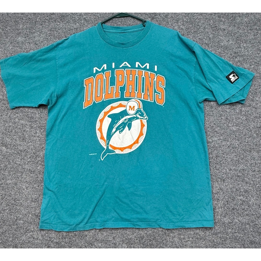 Vintage 1993 Miami Dolphins Starter T-Shirt Teal NFL Graphic Tee Mens XL